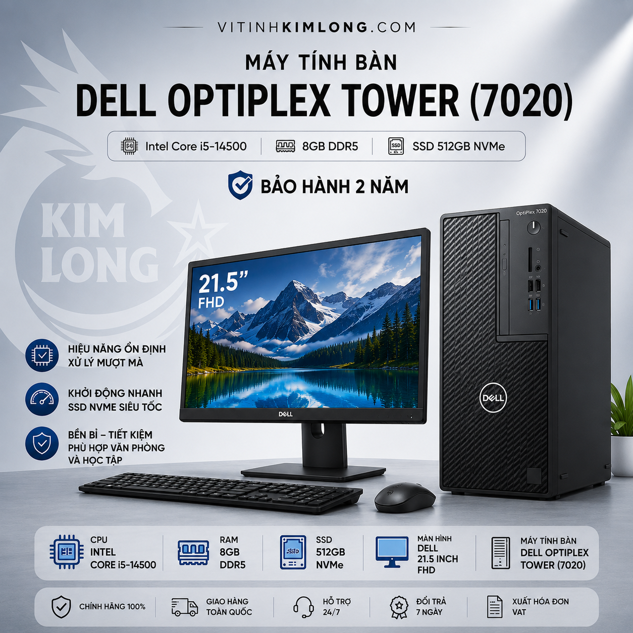 Máy tính bàn Dell OptiPlex Tower (7020) i5-14500,8 GB DDR5,SSD 512GB/PSU 180W,Wi-Fi + Bluetooth,Keyboard and Mouse, Windows 11 Home,2Y Pro_42OT702002